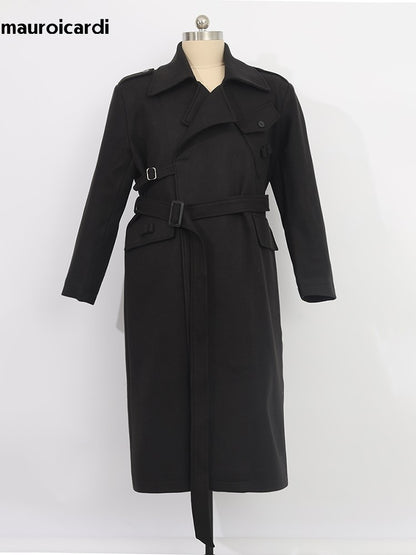 Mauroicardi Autumn Winter Cool Elegant Long Warm Black Woolen Trench Coat Men Belt Luxury Designer Clothes Wool Blends Overcoat