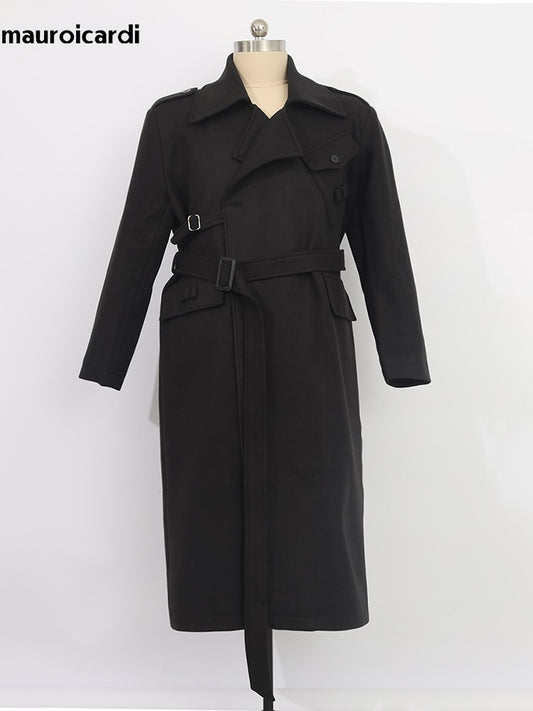 Mauroicardi Autumn Winter Cool Elegant Long Warm Black Woolen Trench Coat Men Belt Luxury Designer Clothes Wool Blends Overcoat