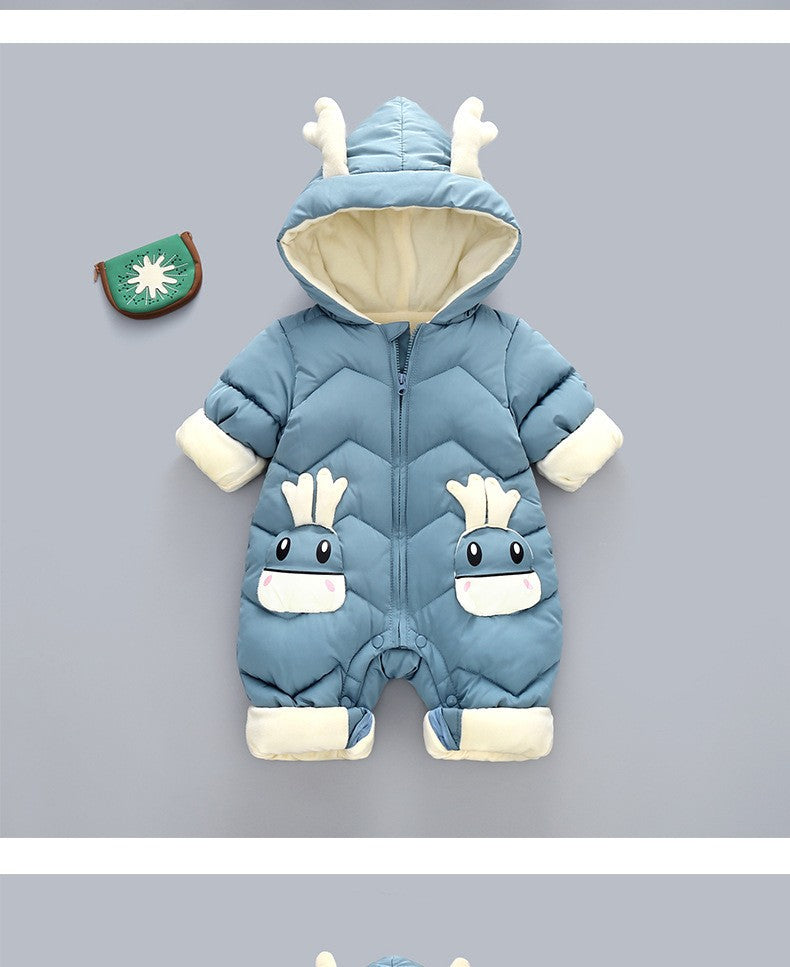 Demin-season Winter Kids Boys Rompers 2025 Cartoon Pockets Hooded Bodysuit For 0-3Y Newborn Infant Babys Boys One-piece Jumpsuit