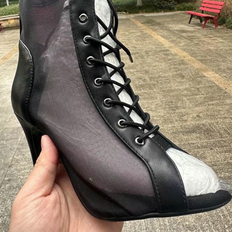 Novas Sandálias Femininas de Salto Alto Sexy Vazadas em Tela Tendência da Moda Verão Conforto Peep Toe Botas Stilettos Jazz Dance Tamanhos Grandes