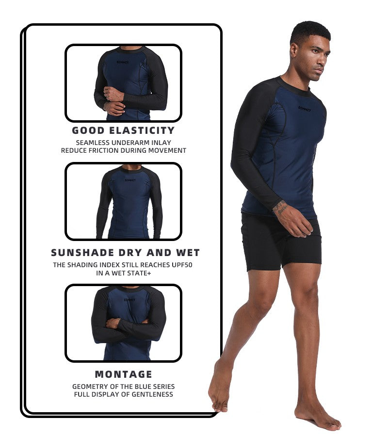 DEMMET Mens Swimwear Long Sleeve Rash Guard Swimming Surf T-Shirt UV Protection Quick Dry Beach Tight Surf Diving Clothes 120KG