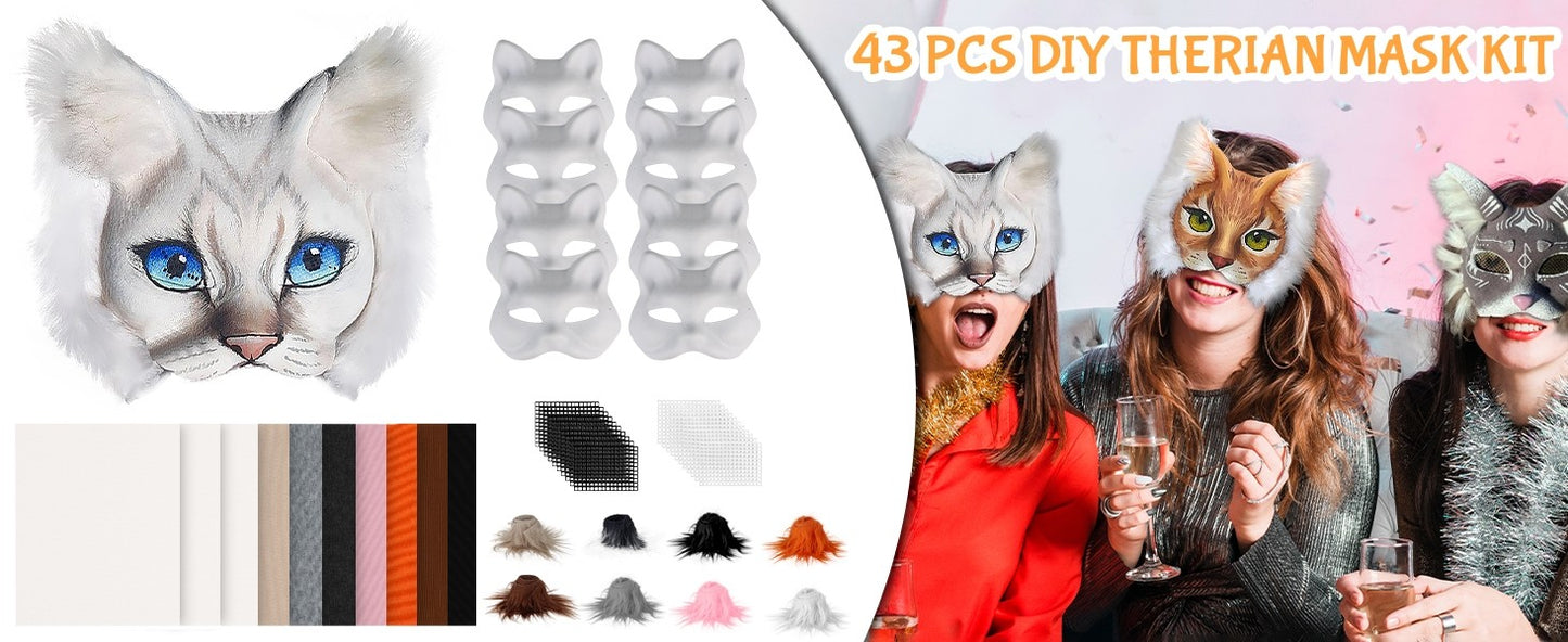 43 Pcs DIY Therian Mask Kit Half Face Hand-painted Cat Mask DIY Masks Blank White Cat Mask for Carnival Masquerade Cosplay Party