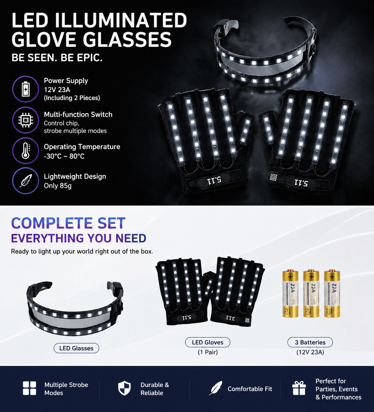 LED Glowing Gloves with Fluorescent Show, Creative Personality, Halloween, Christmas, Stage, DJ Singer, Performing, Personality