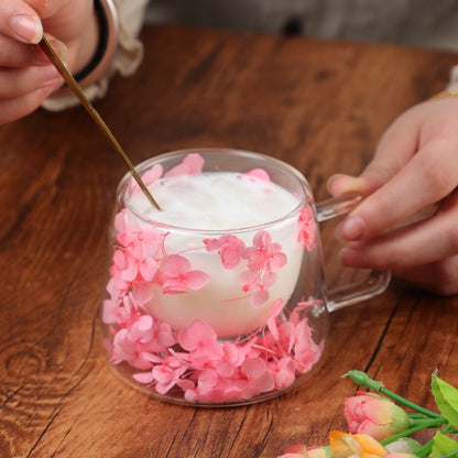 Copo de Vidro de Parede Dupla 200ml Transparente com Padrão de Flores Caneca de Chá Leite Café com Alça Presente para Amigos Copo de Água para Casa