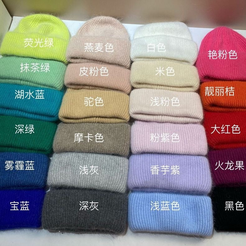 Rhinestone Decor Rabbit Fur Knitted Hat Warm Ear Flap Beanie for Women Luxury Soft Slouchy Cap Face Slimming Design