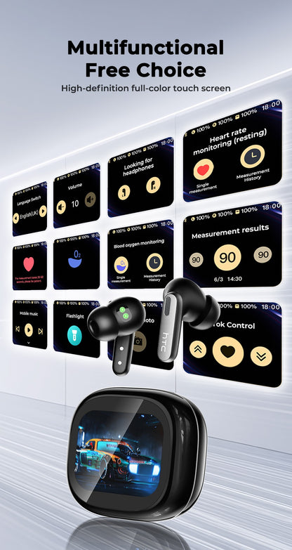 Bluetooth Headphones HTC Wireless Earphones Full HD LCD Display Earpiece Noise Canceling Earbuds Comfortable for Music Sport