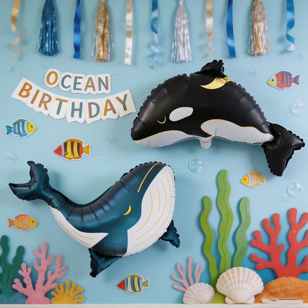 2 Blue/Black Whale Foil Balloons, Birthday Party Atmosphere Decoration, Ocean-Themed Event Gift Props, Indoor and Outdoor Room D