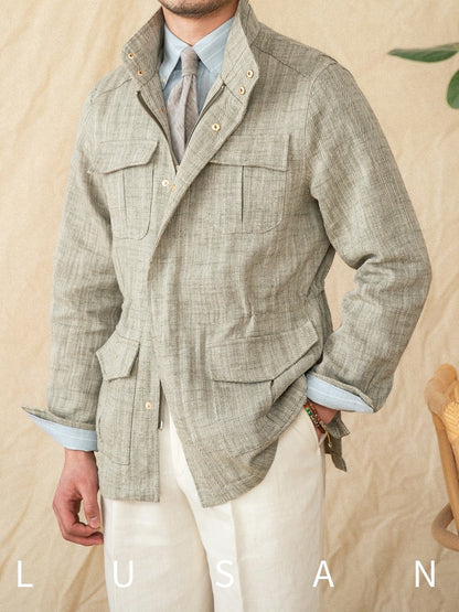 Cotton and Linen Vertical Collar Tight Waist M65 Hunting Jacket Retro All-match Spring and Summer Lightweight Casual Jacket