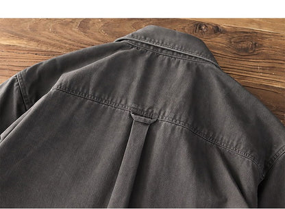 2025 Spring New American Retro Heavyweight Woven Cargo Shirt Men's Simple 100% Cotton Washed Double Pocket Blousers Loose Caot