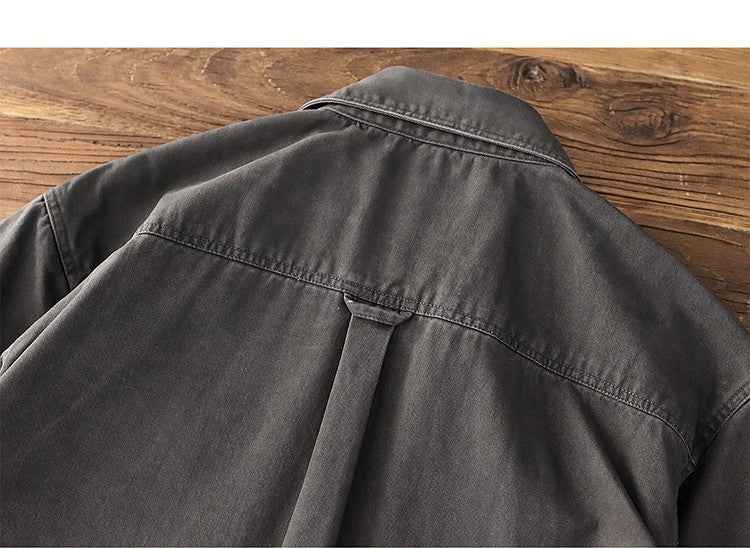 2025 Spring New American Retro Heavyweight Woven Cargo Shirt Men's Simple 100% Cotton Washed Double Pocket Blousers Loose Caot