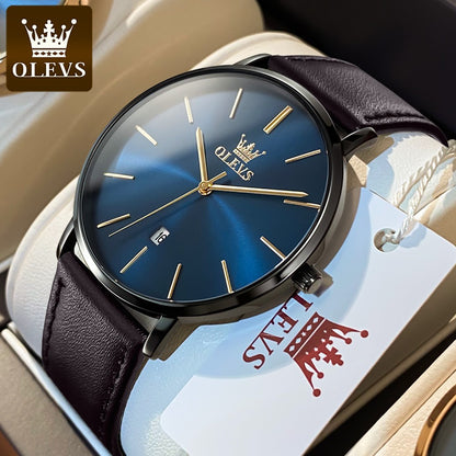 OLEVS 5869 Watch Man Casual Fashion Original Quartz Watch Waterproof Luminous Leather Strap Watches For Men Thin Watch Dial