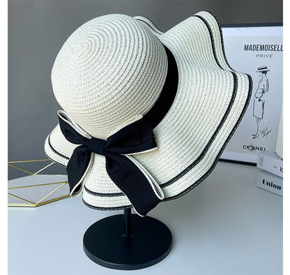 Beach HatJapanese Everything Hairy Edge Straw Hat Female Summer dome  Top Outing Sun Hat Small Fresh Bow Sun Shade Beach Hat