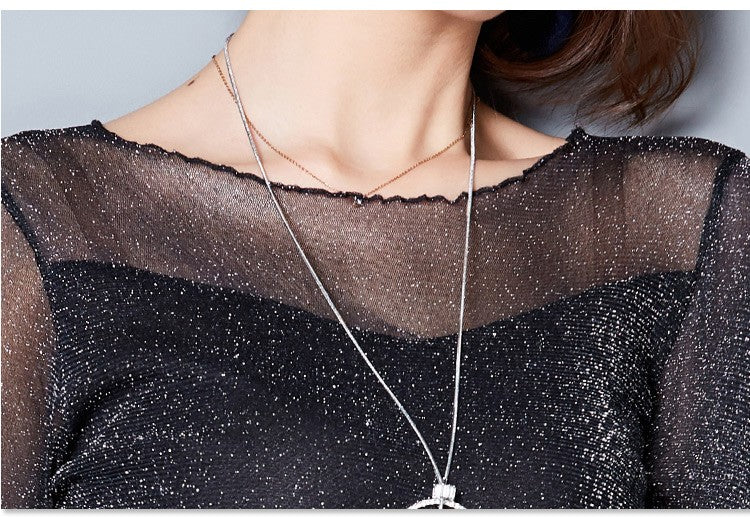 2025 Glitter Mesh Blouse Sexy Womens Shirts Long Sleeve Tops Korean Black Pink O-Neck Elegant Slim Blouse Camisas Femininas