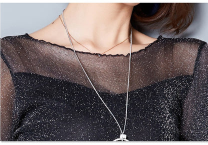 2025 Glitter Mesh Blouse Sexy Womens Shirts Long Sleeve Tops Korean Black Pink O-Neck Elegant Slim Blouse Camisas Femininas