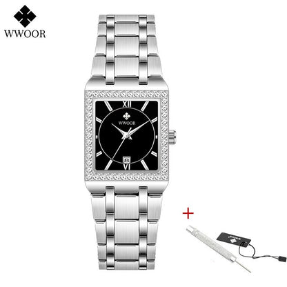 WWOOR Top Brand Luxury New Ladies Diamond Watch Fashion Square lady Wrist Watch Simple Women Dress Small Watch Relogio Feminino