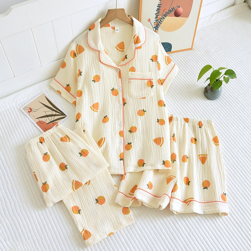 New summer women's cotton crepe three-piece short sleeve + shorts + trousers large size simple flower pajamas home service suit