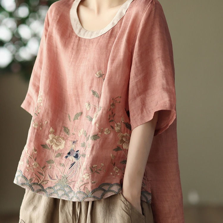 Cotton Linen Embroidered Floral Blouses Women's Chinese Classic Loose Shirt Top Casual Retro O Neck Short Sleeve Summer Shirts