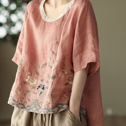 Cotton Linen Embroidered Floral Blouses Women's Chinese Classic Loose Shirt Top Casual Retro O Neck Short Sleeve Summer Shirts