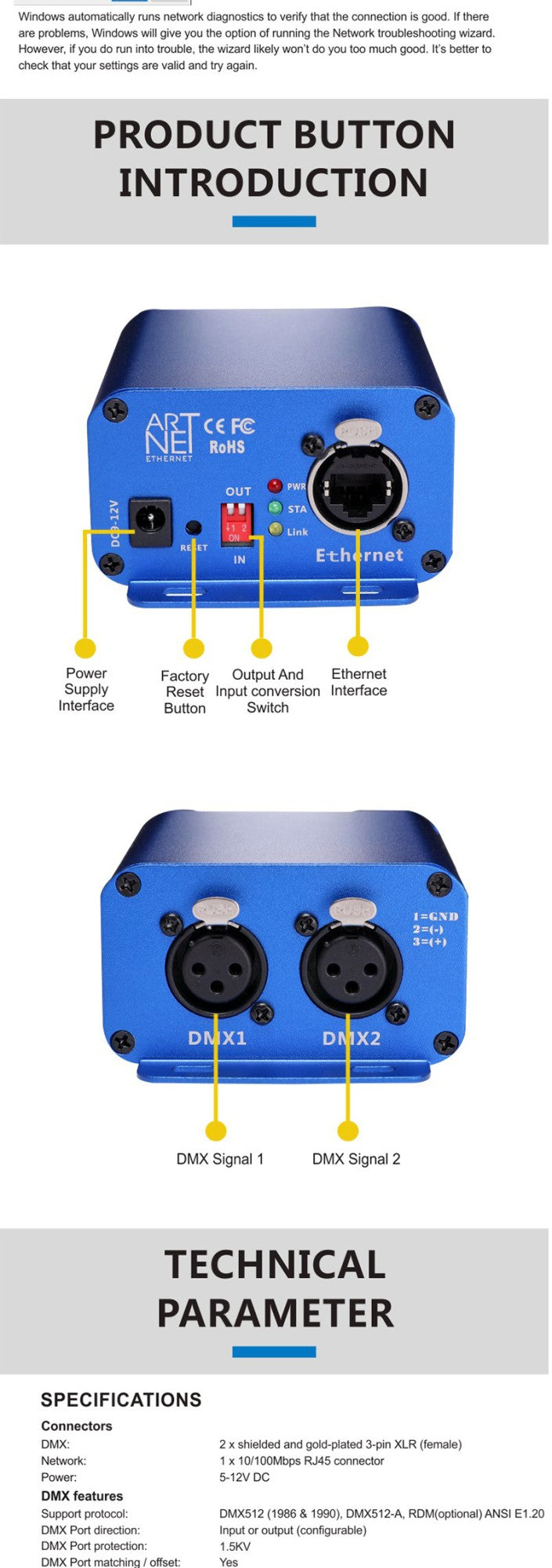 Artnet to DMX Controller, DMX Ethernet Lighting Controller, Professional Artnet DMX Interface , 3 Pin Output, Aluminum Housing