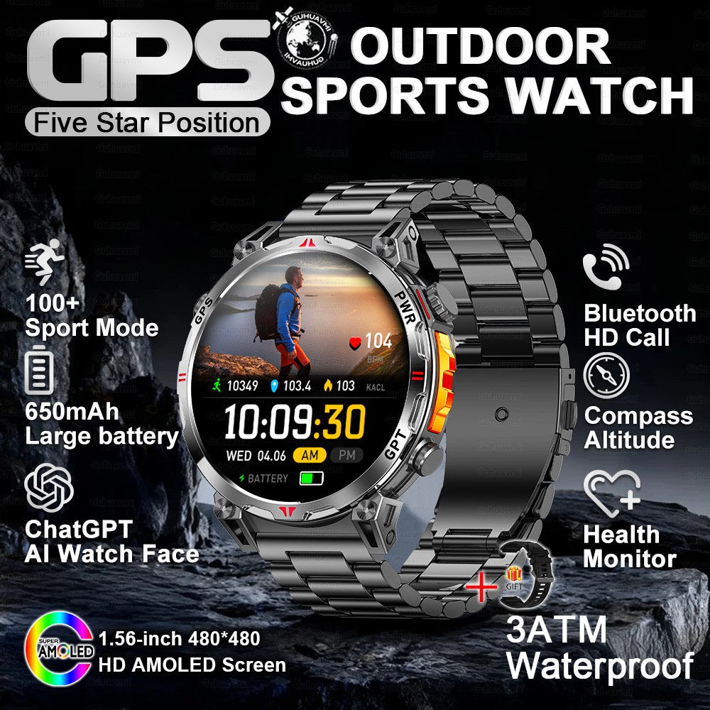 2025 Novo Relógio Inteligente Militar GPS para Exteriores Masculino 650mAh Bússola Altímetro 10ATM à Prova D'água Frequência Cardíaca Chamada Esportiva Smartwatch