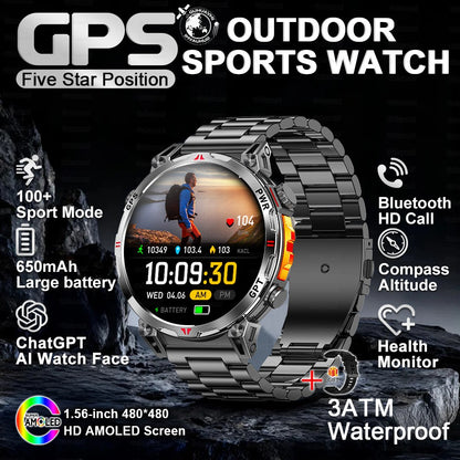 2025 Novo Relógio Inteligente Militar GPS para Exteriores Masculino 650mAh Bússola Altímetro 10ATM à Prova D'água Frequência Cardíaca Chamada Esportiva Smartwatch