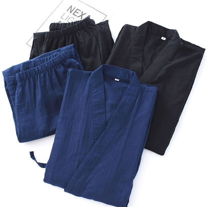 Men's Cotton Kimono Robes Pajamas Clothes Thin Spring and Autumn Black and Navy Colors Home Clothes Loose Casual Men Robe Sets