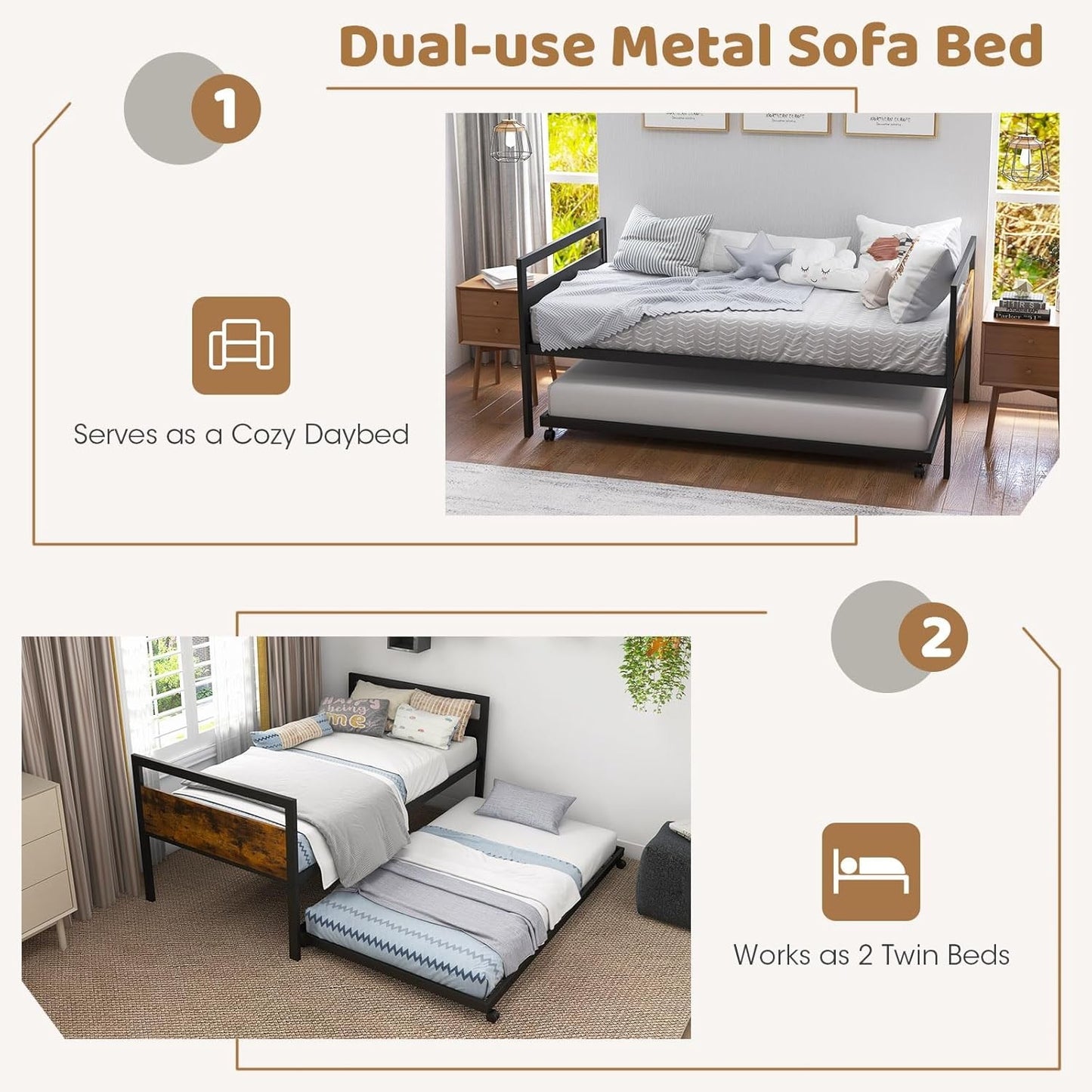Daybed de Metal com Cama Auxiliar, Cama Auxiliar de Solteiro com Suporte de Metal e Cabeceira de Madeira Rústica, Cama de Dia Economizadora de Espaço