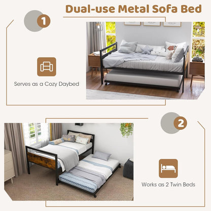 Daybed de Metal com Cama Auxiliar, Cama Auxiliar de Solteiro com Suporte de Metal e Cabeceira de Madeira Rústica, Cama de Dia Economizadora de Espaço