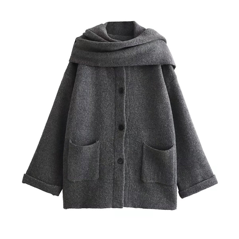 Women's Fashion Scarf Short Knit Coat Jacket Loose Warm Long Sleeve Two Pieces Solid Color High Street O-Neck Outerwear