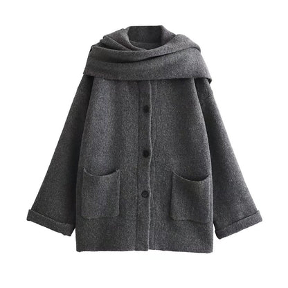 Women's Fashion Scarf Short Knit Coat Jacket Loose Warm Long Sleeve Two Pieces Solid Color High Street O-Neck Outerwear