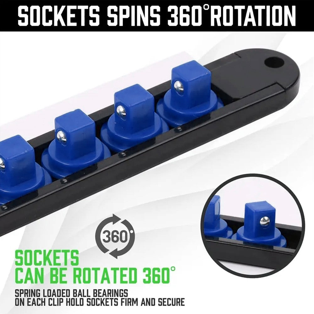 Organizador de Soquetes Giratório 360° 1/4 3/8 1/2 Trilho de Clipe de Soquete de Qualidade Premium Suporte Deslizante para Soquetes Trilho de Manga Rack de Ferramentas 1 peça