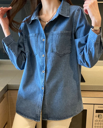 Lucyever Blue Denim Shirt Women 2023 Autumn New Single-Breasted Jeans Blouses Female Pockets Loose Fashion Lapel Cowboy Blusas
