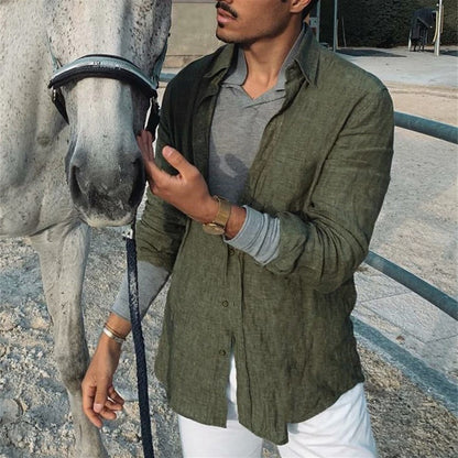 2024 Summer Men'S Casual Cotton Linen Shirt Long Sleeve Loose Blouse Button Breathable Top For Men