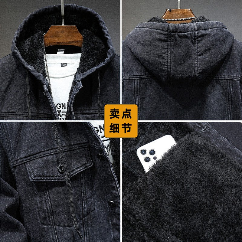 Thicker Winter Jacket Men Warmer Hooded Denim Lambswool Hooded and Padded Denim Jacket Imitation Lamb Wool Fleece Mens Clothes