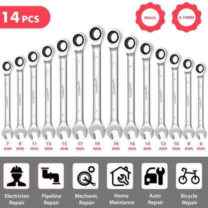 14-Piece Wrench Set, Ratcheting Wrench Set, Metric 6-19mm,Chrome Vanadium Steel with Storage Bag for truck/garage projects, etc.