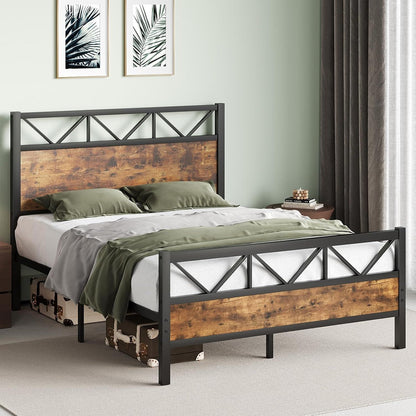 Estrutura de Cama Queen Size, Cabeceira Industrial de 130 cm de Altura, Estrutura de Cama Plataforma Queen com Suporte de Sarrafos de Aço Forte, Ruído F