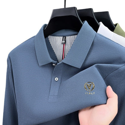 100% pure cotton spring and autumn fashionable men's lapel striped long sleeved polo shirt brand letter V relief design casual T