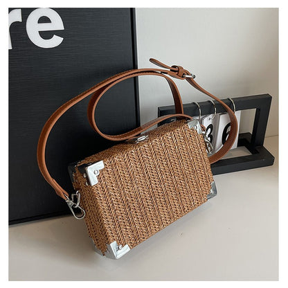 Couple's Sling Bag Straw Weaving with Corner Metal Decoration Boxy Shape Doctor Bag for Date Back to School Party Shoulder Bag