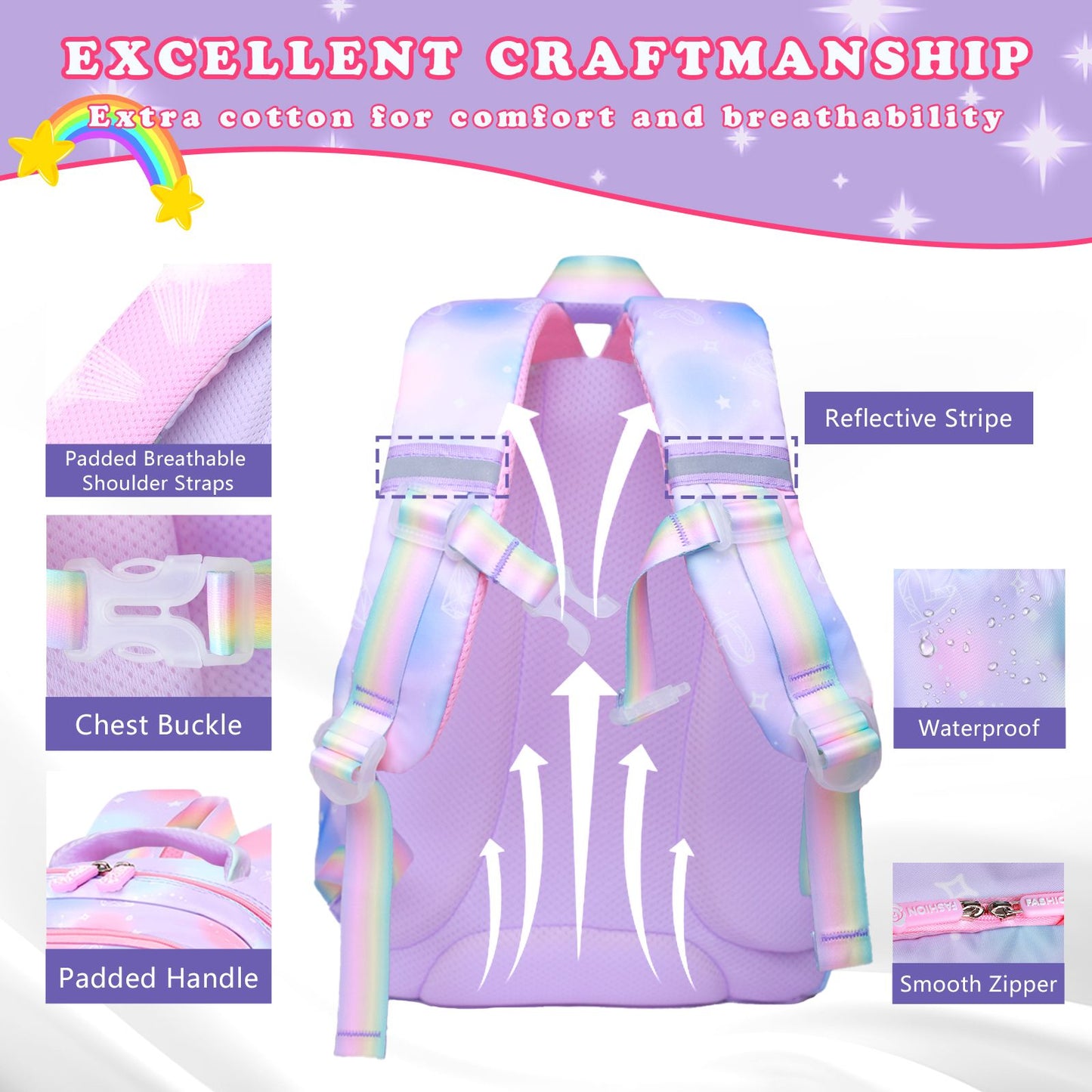 Mochila Escolar Feminina de 3 Peças Grande Capacidade Bolsa Escolar Infantil com Lancheira Estojo Bolsa de Viagem Presente Infantil