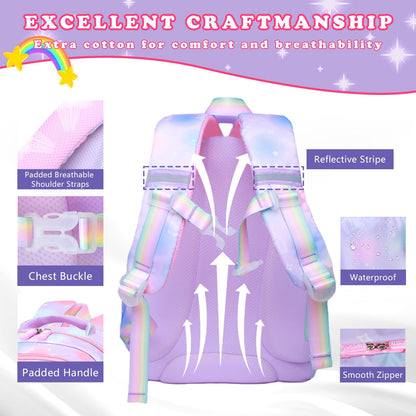 Mochila Escolar Feminina de 3 Peças Grande Capacidade Bolsa Escolar Infantil com Lancheira Estojo Bolsa de Viagem Presente Infantil