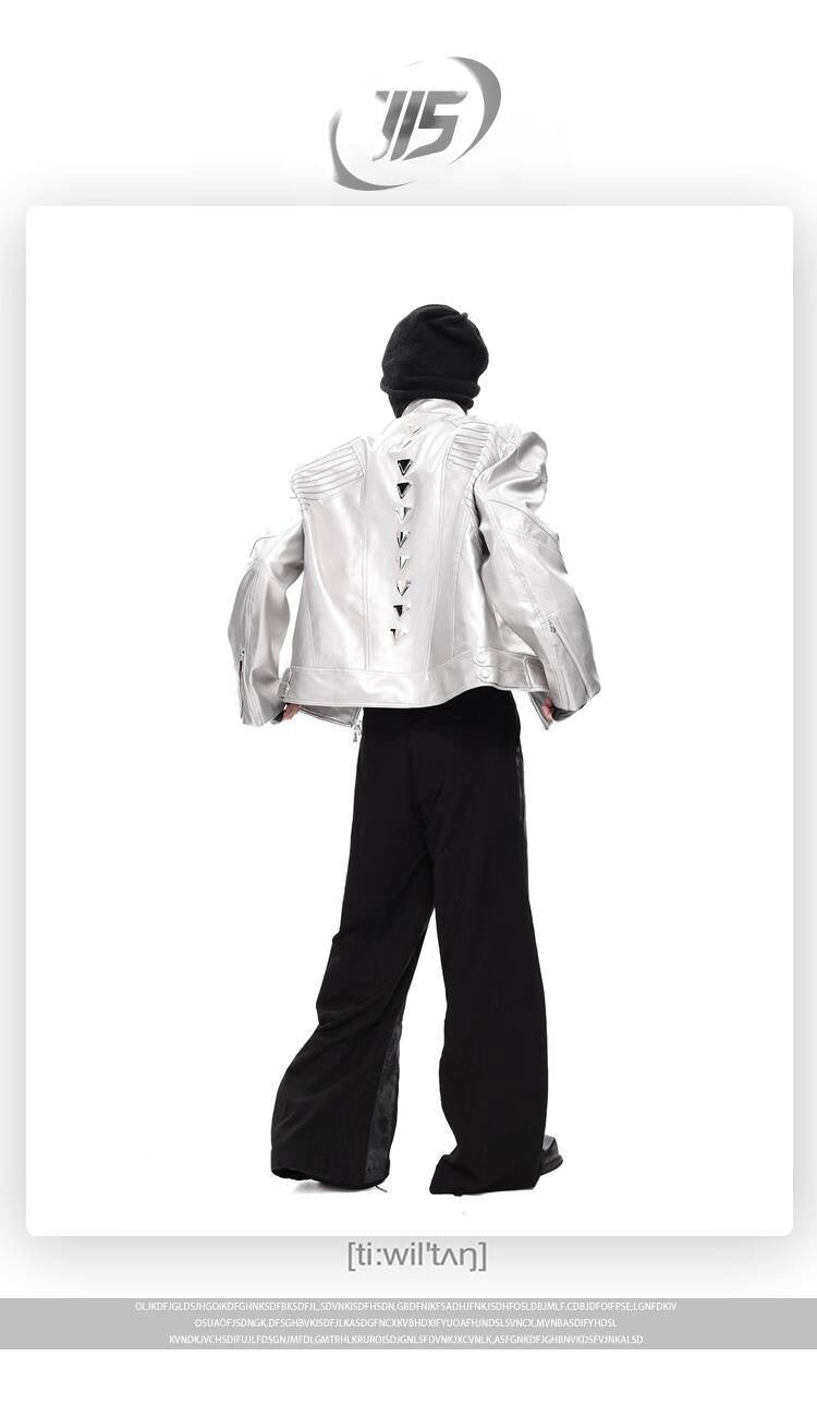 FEWQ Niche Design Men's PU Leather Coats Stand Collar Solid Color Zipper Metal Design Shoulder Pads Male Short Jacket 24K5931