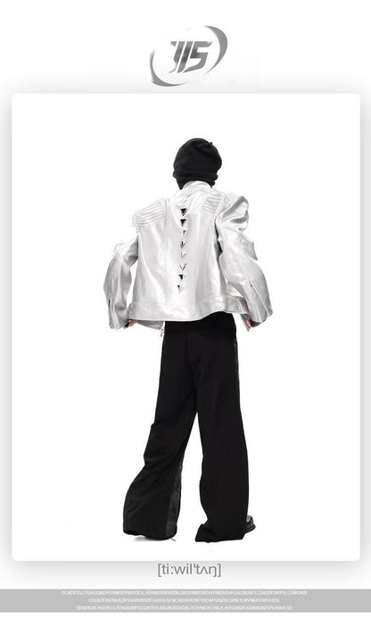 FEWQ Niche Design Men's PU Leather Coats Stand Collar Solid Color Zipper Metal Design Shoulder Pads Male Short Jacket 24K5931