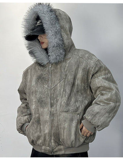 Cotton jacket with fur collar eagle embroidered and tie-dyeed winter men's design outdoor jacket thick and comfortable