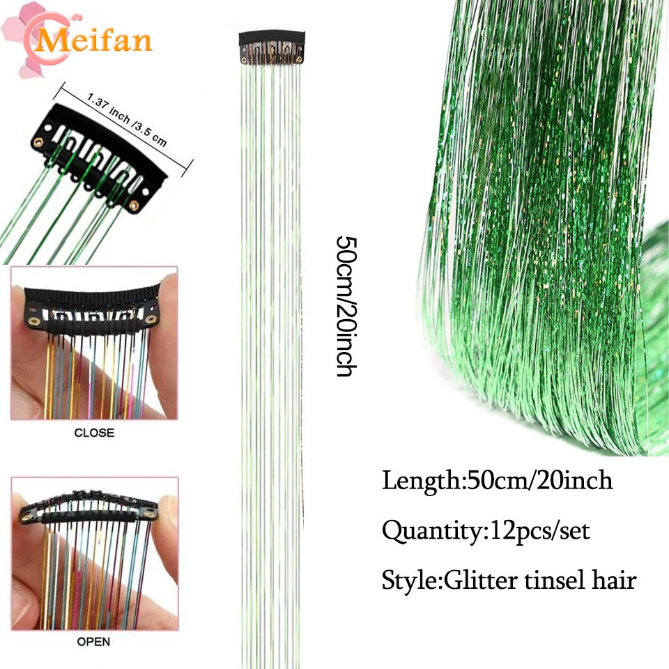 12 peças/conjunto de enfeites de cabelo com presilha, extensões de cabelo sintéticas brilhantes cintilantes, acessórios de cabelo para festa com efeito fada