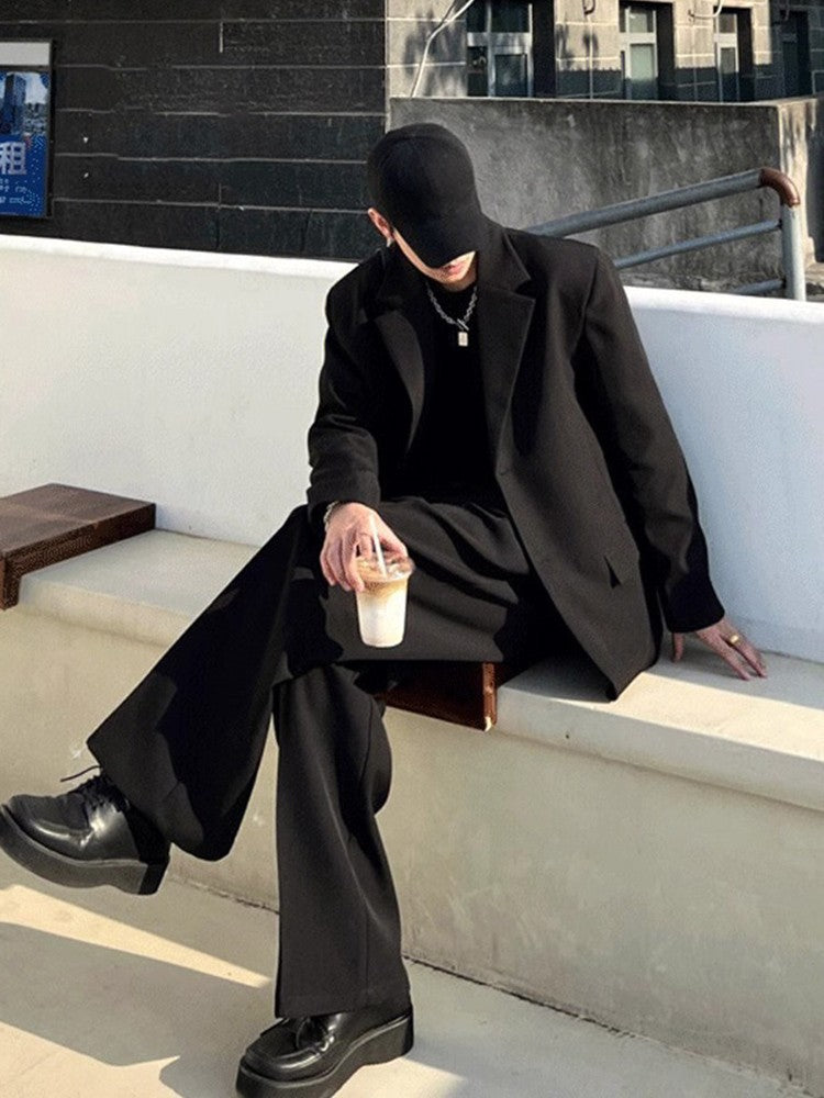 Menswear Classic Blazer Mens Casual Lightweight Jacket Autumn Korean Style Black Coat Fashion High Street Single-breasted Blazer