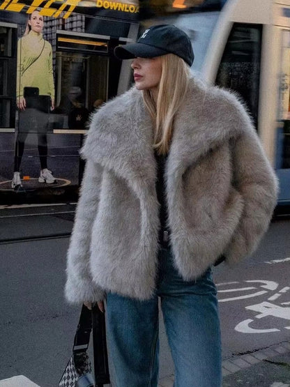 HH Women Elegant Faux Fur Coat Warm Fluffy Loose Long Sleeve Lapel Jacket Autumn Winter Fashion High Street Lady Outerwear