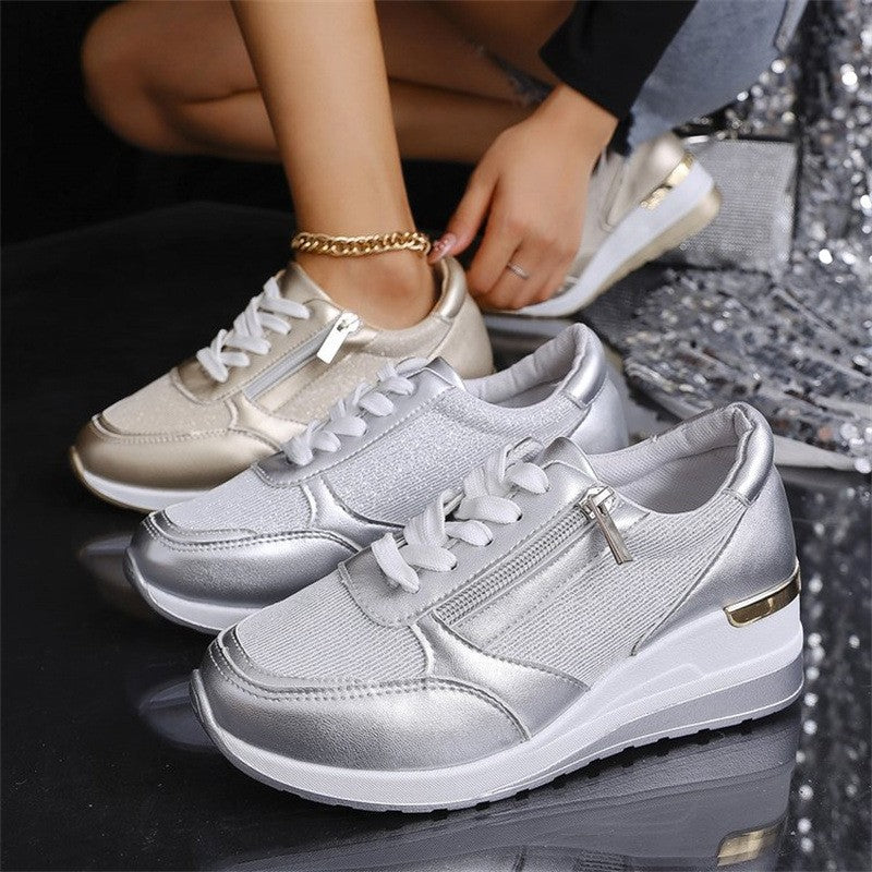 Fashion Thick Bottom Silver Sneakers Women 2025 Spring Wedge Heel Vulcanized Shoes Woman Comfortable Lace Up Sport Sneaker Mujer