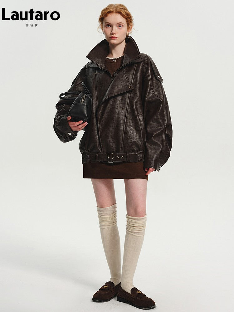 Lautaro Spring Autumn Cool Brown Oversized Pu Leather Jacket Women Long Sleeve Zip Up Luxury Designer American Retro Clothing