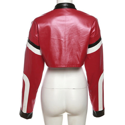 Women Crop Coat New Streetwear Fashion Letter Print Autumn Casual Sporty Wild Clothing Uniform Trend Female Faux Leather Jacket
