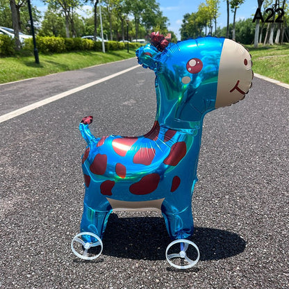 1PC 3D Cartoon Foil Balloons Elephant Stand Walking Balloon With Wheel For Kids Birthday Party Decoration Baby Shower
